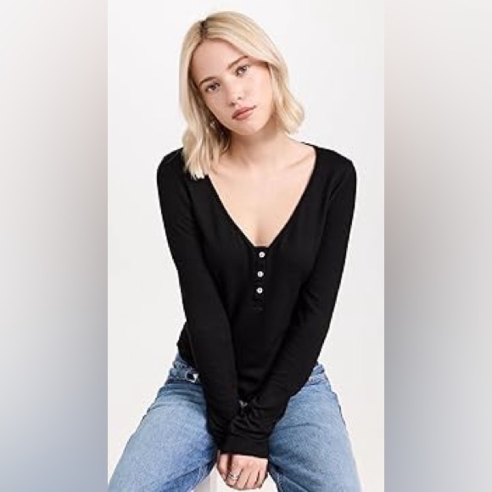 Free People - Keep It Basic Black Ribbed 3 Button Long Sleeve Top Size Large